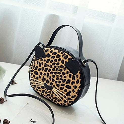 Cute Cat Purse Leopard Crossbody Bag Mini Shoulder Bag Handbags for Kids Women Teens Girls (Brown)