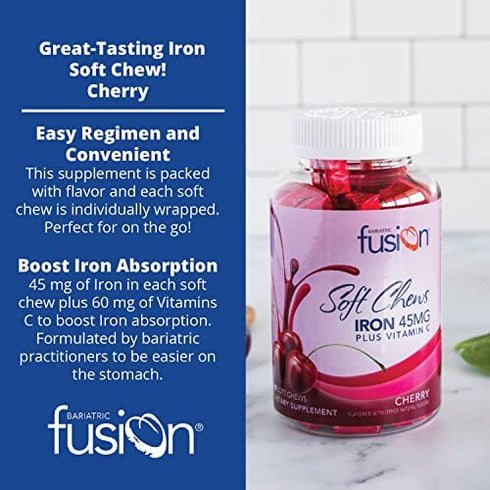 Bariatric Fusion Iron Soft Chew with Vitamin C | Cherry Flavored | Iron Supplement Chewy Vitamin for Bariatric Patients Including Gastric Bypass and Sleeve Gastrectomy | 60 Count | 2 Month Supply