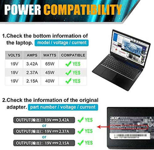 19V 3.42A 65W AC Adapter Laptop Charger for Acer Chromebook 15 R11 11 13 14 Series C720 C740 C731 CB3-431 CB3-111 CB3-532 CB5-132T CB3-431 CB3-131 N15Q9 N16P1 N15Q8 N15Q10 Power Cord