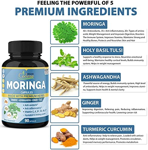 Organic Moringa Extract Capsules equivalent to 6450MG, 3 Months Supply & Ashwagandha, Tulsi, Ginger, Turmeric| Multi Vitamin Oleifera Leaf Herb| Support Immune, Energy Booster| Anti-Inflammatory Herbs