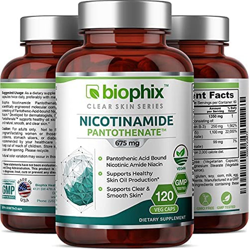 B-3 Nicotinamide Pantothenate 675 mg 120 Vcaps - Clear Skin Series B5 Pantothenic Acid Natural Flush-Free Nicotinic Amide Niacin - Supports Skin Cell Health