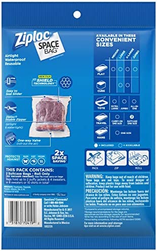 Ziploc Space Bag Clothes Vacuum Sealer Storage Bags for Home and Closet Organization, Travel, 2 Bags Total