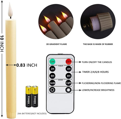 Ivory Taper Candles LED Flameless Window Candles,Battery-Powered,with Remote Control and Timer Flickering ,Suitable for Dinner Party Wedding Window Christmas Decorations(10x0.83 Inches, Set of 6)