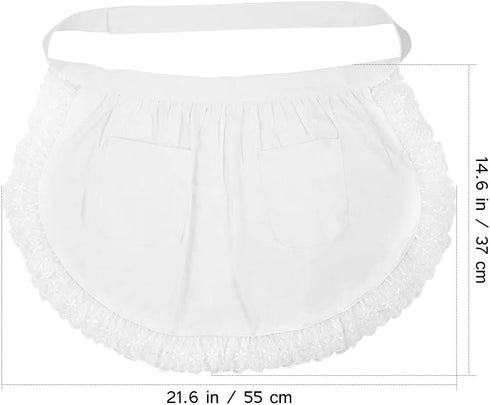 BESTONZON Women's Waist Apron with Pockets Lace Cotton Half Apron Kitchen Party Favors for Maid Waitress Servant(White)