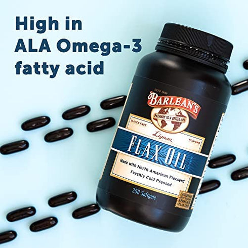 Barlean's Lignan Flaxseed Oil Softgels from Cold-Pressed Flaxseeds - 1,550 mg ALA Omega-3 Fatty Acids for Improving Heart Health - Non-GMO, Gluten-Free - 100 ct