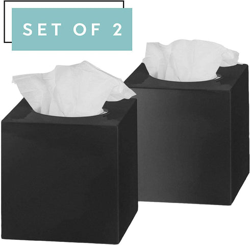 DW‹LLZA HOM‹ Tissue Box Cover Square - Facial Cube Tissue Box Holder Case Dispenser for Bathroom Vanity Countertop, Bedroom Dresser, Office Desk or Night Stand Table, 2 Pack - Black