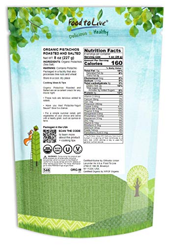 Organic Pistachios, 8 Ounces - In Shell, Dry Roasted with Sea Salt, Non-GMO, Kosher, Vegan, Bulk