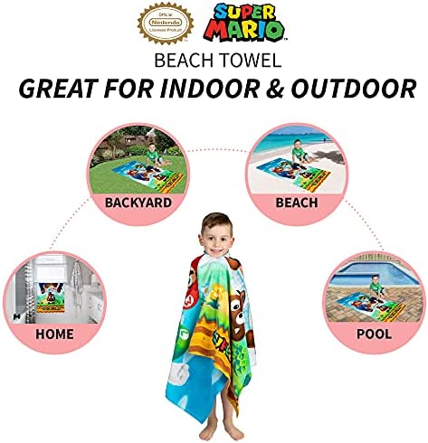 Super Mario "Official Nintendo" Kids Super Soft Cotton Bath/Pool/Beach Towel, 58 in x 28 in, By Franco