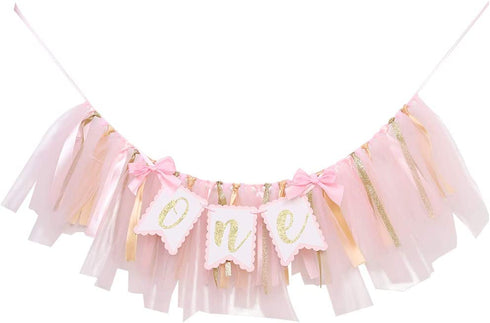 Highchair Banner 1st Birthday Girl - Tulle And Ribbon Banner For First Birthday, Cake Smash Photo Prop, Party Supplies . (Pink)