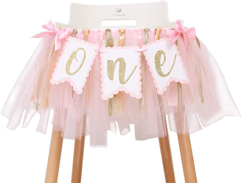 Highchair Banner 1st Birthday Girl - Tulle And Ribbon Banner For First Birthday, Cake Smash Photo Prop, Party Supplies . (Pink)