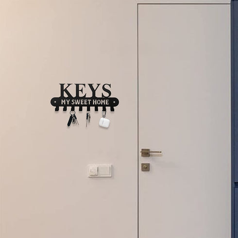 Black Metal Key Holder Hooks with Sweet Home Decorative for Wall Mounted Decor to Hang Keys Scarves Pet Leashes in Front Door Kitchen Garage Campers and Cabin, 8 Hook Racks