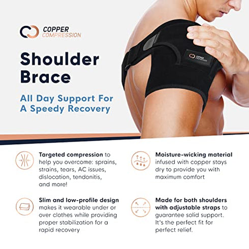 Copper Compression Shoulder Brace - Copper Infused Immobilizer & Support for Torn Rotator Cuff, AC Joint Pain Relief, Dislocation, Arm Stability, Injuries, & Tears - Adjustable Fit for Men & Women