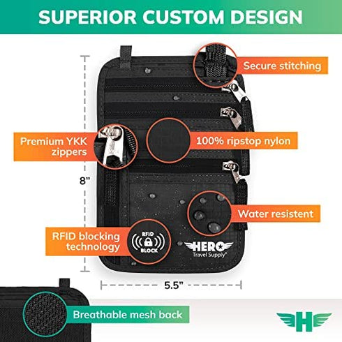 HERO Neck Wallet – RFID Blocking Passport Holder – Easy to Conceal Travel Pouch