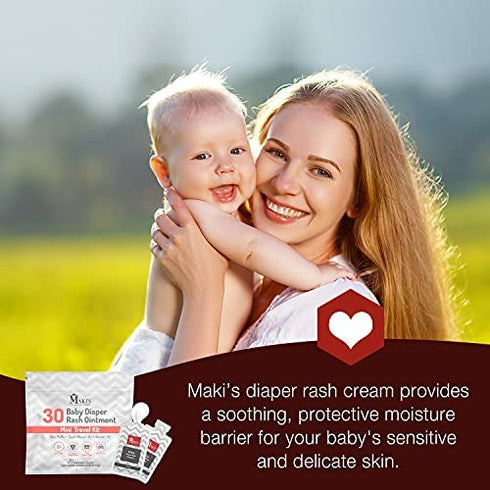 Maki's Baby Diaper Rash Cream Ointment Travel Kit - Newborn Essentials Must Haves 30 Individually Wrapped Single Use .105 oz Packets - Rash Treatment & Prevention