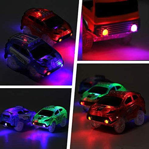 Save Unicorn Tracks Cars Replacement only, Toy Cars for Tracks Glow in The Dark, Car Tracks Accessories with 5 Flashing LED Lights, Compatible with Most Car Tracks for Kids Boys and Girls(4pack)