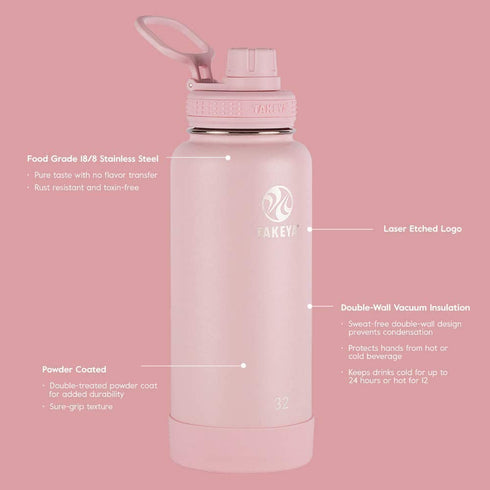 Takeya - 51079 Takeya Actives Insulated Stainless Steel Water Bottle with Spout Lid, 18 oz, Blush