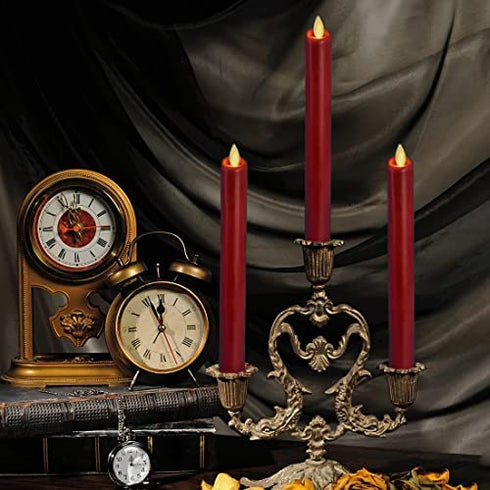 AGLARY Flameless Flickering Wick Taper Candle, LED Battery Operated Candles with Timer and Remote, 8" Set of 2 Burgundy