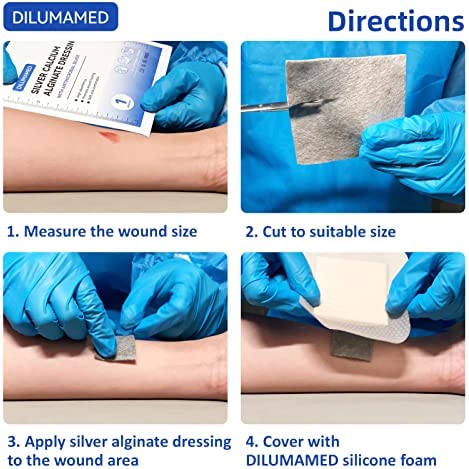 DILUMAMED Silver Calcium Alginate Wound Dressing 4"x4"(Pack of 12), High Absorption Bandage Patch for Bed Sore, Pressure Sore, Leg Ulcer, Diabetic Foot Wound Care
