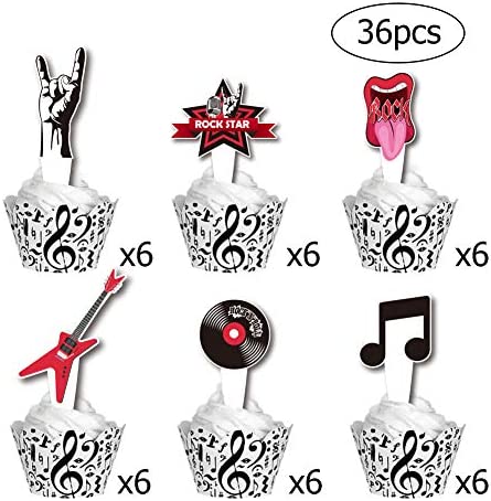 L.CLOVERBN 36Pcs Rock & Roll Musical Cupcake Topper, Guitar, Note, Disc,Hot Music Elements Cake Decoration for Rock Music Party Supplies.2 Sides