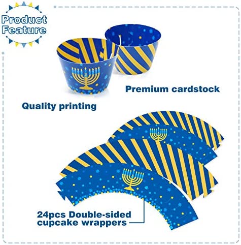 48Pcs Hanukkah Cupcake Toppers and Wrappers for Hanukkah Party Decorations Chanukkah Theme Party Supplies