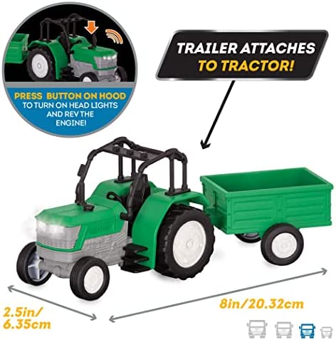 Driven by Battat – Micro Tractor – Toy Tractor with Light, Sound, & Detachable Trailer Farm Toy for Kids 3+ (2Pc)
