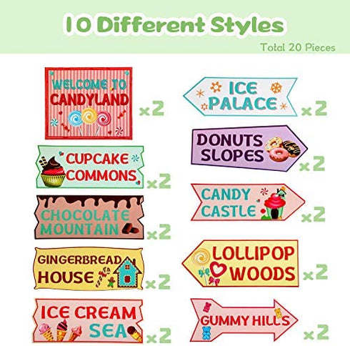 Gejoy 20 Pieces Candyland Party Decorations Candy Land Party Sign Welcome Candyland Birthday Party Decorations Directional Signs Street Photo Prop Cutouts for Sweet Candy Theme Party Supplies