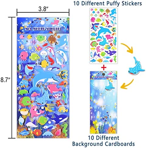Kids Stickers 500+ 10 Different Sheets, 3D Puffy Sticker for Kids, Bulk Scrapbooking, Ocean Animal Stickers for Boys Girls Teachers Birthday Gift, Party Supplies, Reward