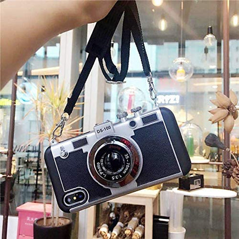 Awsaccy Emily in Paris Phone Case iPhone XR Camera Case Vintage Cover Cute 3D Cool Unique Camera Design Case PC Silicone Cover with Removable Neck Strap Lanyard for Girls Women Black