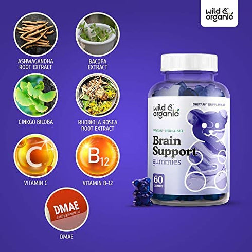 Wild & Organic Brain Booster Gummies - Natural Nootropic Dietary Supplement to Support Cognitive Function, Sharpen Memory - Ashwagandha, Bacopa, Ginkgo Biloba, Rhodiola Rosea, DMAE - 60 Chewables