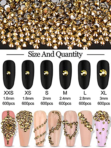 Warmfits 3600pcs Nail Art Rhinestone Crystal Gold Rhinestones Beads Nail Jewels Nail Design Round Flatback Gems Stones Studs 6 Sizes with Box for Nail Design Craft Art Shoes