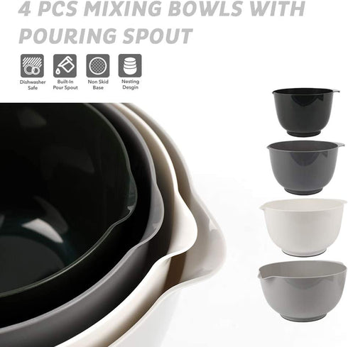 BoxedHome Classic Mixing Bowl Set, BPA Free Plastic, Microwave and Dishwasher Safe (Set of 4, Grey)