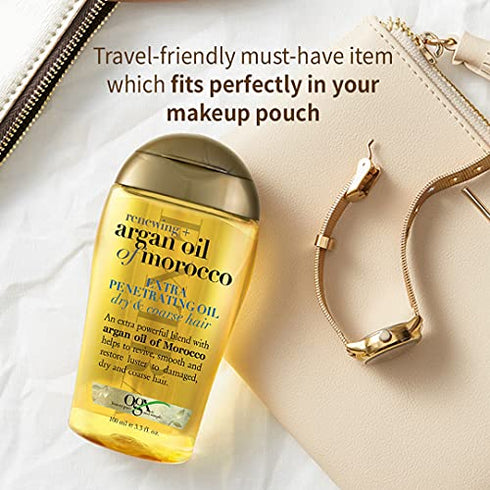 OGX Extra Strength Renewing + Argan Oil of Morocco Penetrating Hair Oil Treatment, Deep Moisturizing Serum for Dry, Damaged & Coarse Hair, Paraben-Free, Sulfated-Surfactants Free, 3.3 fl oz
