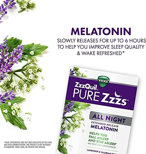 ZzzQuil PURE Zzzs All Night Extended Release, Melatonin Sleep Aid Tablets, Helps You Stay Asleep Longer, Sleep Aid for Adults, 2 mg per tablet, 28 Count (Pack of 2)