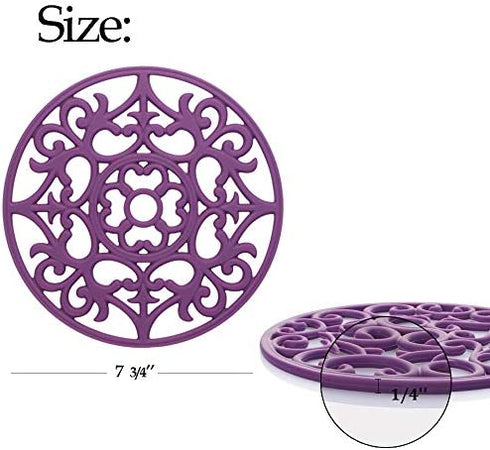 Silicone Trivet ME.FAN 3 Set Silicone Trivet Mat - Multi-Use Intricately Carved Insulated Flexible Durable Non Slip Coasters (Purple)