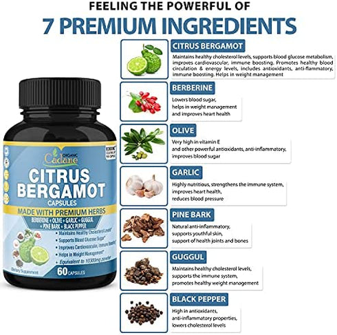 2 Packs Citrus Bergamot Extract Capsules 10300mg & Berberine, Olive, Guggul, Garlic, Pine Bark, Black Pepper | Improves Heart and Cardiovascular Health , Supports Immune System, 4 Months Supply