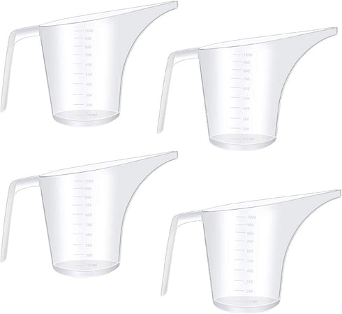 Fireboomoon 4 Pack Plastic Funnel Pitcher,Large Capacity Long Spout Measuring Cup for Bakeware Molds,Pancake,Batter,Muffin,Cakes,Soap Making(4 Cups/32 Ounces/1000 ml)