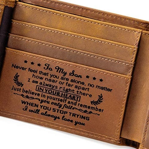 Fundykee Engraved Mens Wallet Personalized Leather Wallet for Men Husband Dad Son Boyfriend Love Custom Gifts (Tri-fold wallet to my son)
