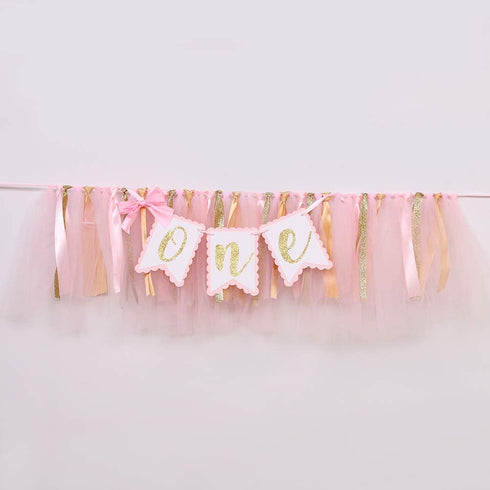 Highchair Banner 1st Birthday Girl - Tulle And Ribbon Banner For First Birthday, Cake Smash Photo Prop, Party Supplies . (Pink)