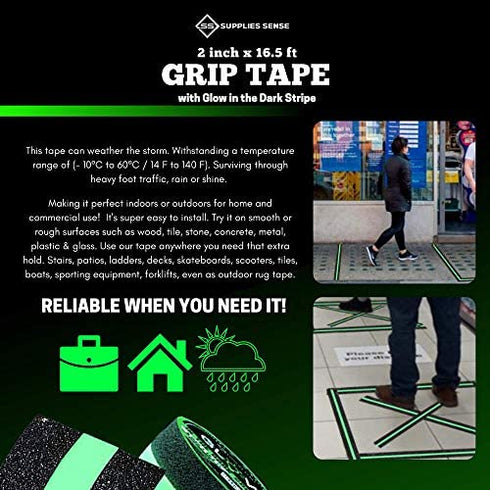 Anti-Slip Grip Tape Strips 2"x16.5ft, Non-Slip Traction Tape, Weatherproof Safety Adhesive Grip Treads with Glow in the Dark Strip, In/Outdoor Abrasive Tape for Stairs, Non-Skid Steps - Supplies Sense