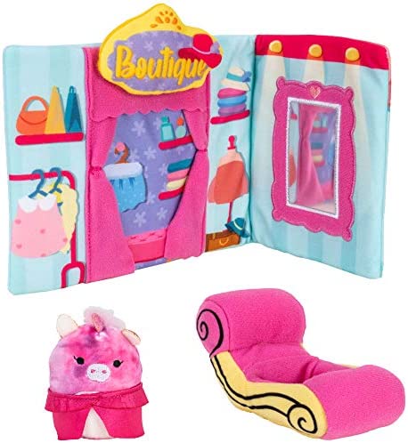 Squishville by Squishmallow Boutique Play Scene, 2” Lola Soft Mini-Squishmallow, 8” Playset, 1 Plush Accessory, Marshmallow-Soft Animals, Boutique Toys