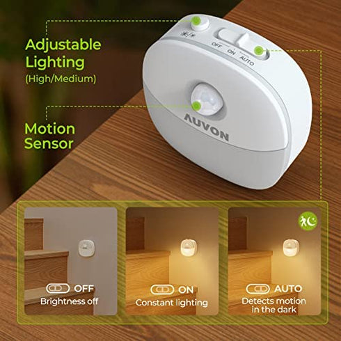 AUVON Rechargeable Battery Night Light, Mini Motion Sensor Night Light, Warm White LED Stick-On Closet Light with Dusk to Dawn Sensor, Adjustable Brightness for Wall, Stairs, Hallway, Cabinet (2 Pack)