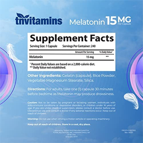 Melatonin 15 MG Per Capsule (240 Capsules) | All-Natural Sleeping Pills for Adults | Extra Strength Melatonin | Nighttime Sleep Aid | Natural Sleep Support Supplement | by TNVitamins