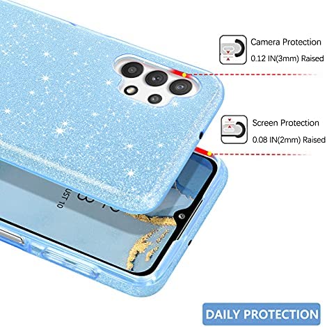 GUAGUA Compatible with Samsung Galaxy A32 Case 5G Glitter Sparkle Bling Shiny Hybrid Cover for Girls Women with Extra Finger Ring Kickstand Shockproof Protective Phone Case for Samsung A32 Blue
