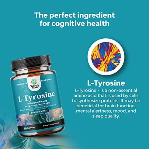 Potent L Tyrosine 500mg Capsules - Amino Acid Nutritional Supplement for Brain Health Thyroid Support - L-Tyrosine 500mg Brain Supplement for Memory and Focus Support