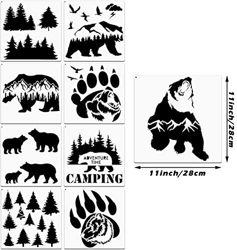9 Pieces Forest Bear Claw Stencil Kit Winter Porch Stencil Animal Reusable Mylar Template Stencils with Metal Open Ring for Painting on Wood Wall Home Decor