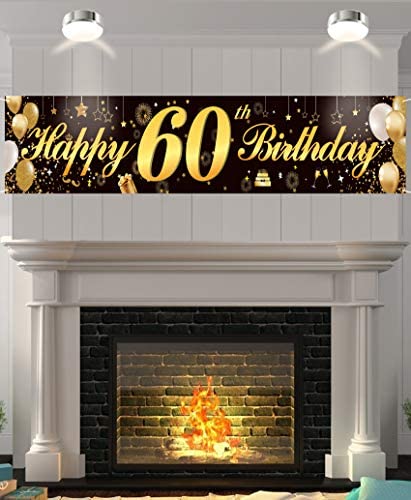 Happy 60th Birthday Banner,Birthday Party Sign Backdrop Banner For Men Women Cheer to 60 Years,Durable Black&Gold Glitter Birthday Sign Yard Sign For 60th Birthday Party Decoration Supplies(60 Black)