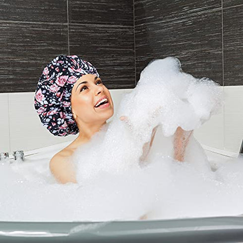 Luxury Shower Cap for Women, Waterproof Reusable Shower Caps Double Layers Microfiber Terry Lined with Dry Hair Function, Large for Long Hair, Adjustable