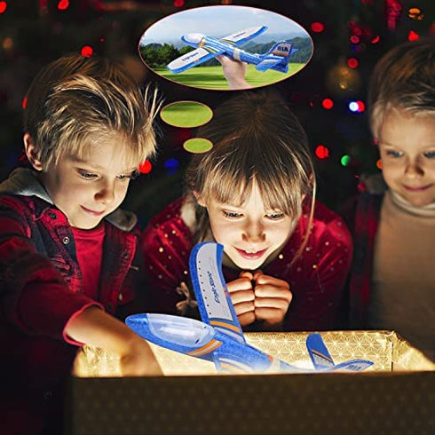 EagleStone ES22 Airplane Toys, 2 Pack 13.05'' Paper Plane with LED Lights, 2 Flight Mode Glider, Throwing Foam Airplane Flying Toy for Kid 3 4 5 6 7 8 9 Years Old Boys Girls, Birthday Party Favor Gift
