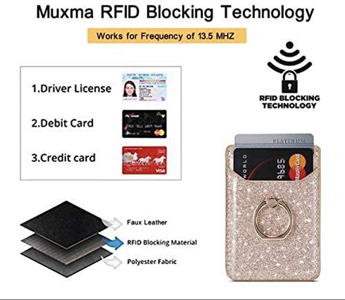 TOPWOOZU Phone Card Holder with Ring Grip for Back of Phone,Adhesive Stick-on Credit Card Wallet Pocket for iPhone,Android and Smartphones (Pink)