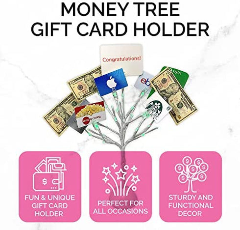 White Money Tree Gift Holder with Clips and LED Light Tips - Gift Card Holder Tree with 10 Photo Clips - Gift Card Tree Holder for Birthdays, Christmas, Weddings etc. - 17 inches tall - by Mein Schatz